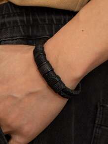 Fashionable Simple Woven Double Layer Leather Cord Bracelet For Men, Magnetic Clasp Leather Wristband Jewelry