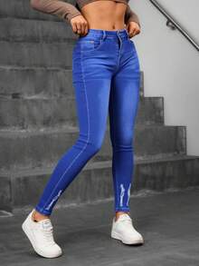 Mujer skinny jeans azules con desgastes en los tobillos - Azul lavado oscuro - Ver 3