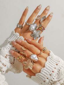 6pcs/Set Metal Flower & Geometric Rhinestone Decor Rings Set, Elegant And Fashionable For Women - 6-piece Ring Set - View 1