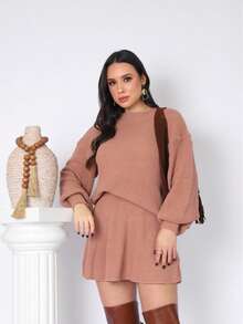 Women's Knit Set Short Asymmetrical Skirt And Puff Sleeve Blouse Foreign Blogger Fashion Autumn Winter - 查看 2