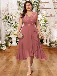 Plus Size V-Neck Sequin Lace Bodysuit With Ruffle Hem And Thigh High Slit Chiffon Maxi Dress, Elegant For Wedding Guest, Birthday, Graduation, Homecoming And Other Occasions - Dusty Pink - View 3
