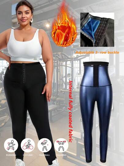 Plus Size Women Sauna Exercise Pants With Buttons, Full Coating Sauna Sweatpants, Sport Body Shaper Control Tummy Yoga Pants, Workout Clothing