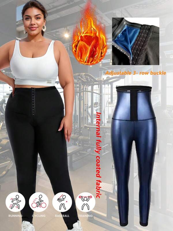 Women's Plus Size Sauna Exercise Pants With Buttons, Full Coated Sauna Pants, Sports Body Lifting Butt And Abdomen Control Shapewear Leggings, Women Sports Outfit, Shaping Yoga Pants