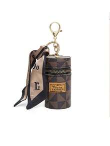 Uma bolsa clássica vintage com zíper decorado com um cachecol, portátil e multifuncional, com um porta-chaves clássico, uma pequena bolsa clássica vintage e acessórios. Inclui um chaveiro tipo carteira rosa, um chaveiro com estampa vintage e elegante em formato de caixa de batom e uma bolsa para guardar fones de ouvido Bluetooth. - Multicolorido - Ver 4