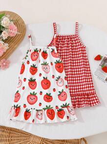 2pcs Girls Casual Checkered & Strawberry Print Off Shoulder Strap Dress, Fashion Style For Party, Holiday, Casual Outing, Summer