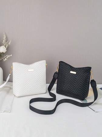 Women's Wave Embossed Solid Color Bucket Bag, Fashion Casual Commuter Versatile Shoulder Crossbody Handbag