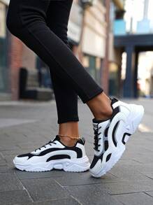 Patchwork Contrast Color Tongue Letter Thick Sole Casual Sporty Mesh Breathable Sneakers For Teenagers, Unisex