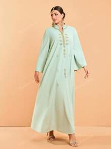 Abito lungo da donna con scollo a V, verde, ricamato con perle, maniche lunghe, nuova collezione Mgiacy