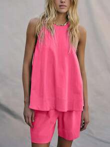 Women's 2pcs Sleeveless Matching Sets A Line Tank Tops Contrast Stitching High Waist Shorts With Pockets - 玫紅色 - 查看 3