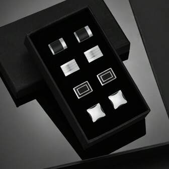 4 Pairs Brass Cufflinks In Black, Silver, Assorted Colors, High-End Business Formal Attire, Suitable For Men's Dress Shirts, Comes In Checkered Pattern Black Luxury Gift Box