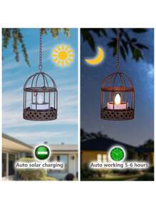 1/2pcs Solar Hanging Lantern, Outdoor Waterproof Rustic Iron Birdcage Candle Holder With Flickering Solar Tealight, Rechargeable Lantern Light For Backyard, Patio, Garden, Fence, Tree Decoration