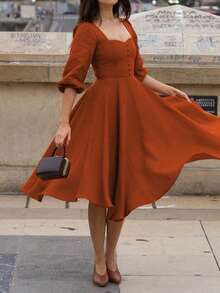 Women's Solid Color Rhinestone Collar Long Sleeve Simple Casual Retro Waist Fit Dress - Rust Brown - View 3