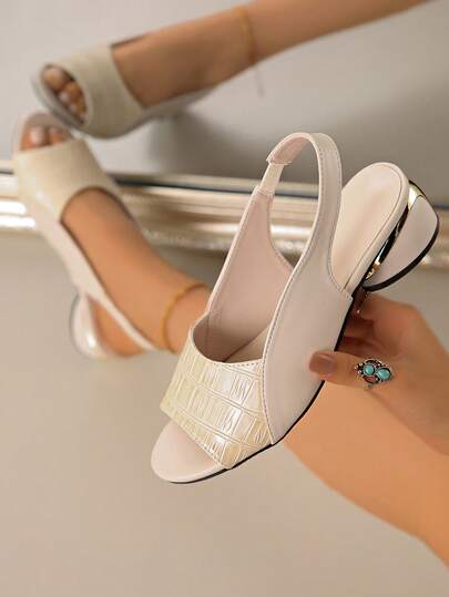 Sexy Fashion Sandals For Women, Patent Leather Color-Block Mid Heel Thick Heel Summer New Soft Leather Slide Sandals, Peep Toe, Plus Size, White Low Heel Ladies Sandals