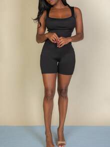 Women's Sleeveless Bodycon Romper Square Neck Tank Top For Summer Basic Loungewear - Black - View 5