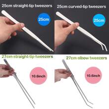 2pcs Set, Straight & Bent Tip Tweezers, Thicker Bent Stainless Steel Tweezers, Gardening/Aquascaping Tweezers With Teeth, Non-Slip Round Head, For Reptile Feeding Tools