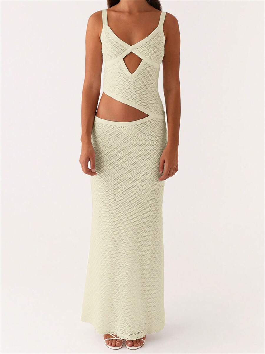 Women Crochet Knit Bodycon Maxi Dress Sexy Sleeveless Cut Out Boho Party Club Long Dress - 米色 - 查看 1