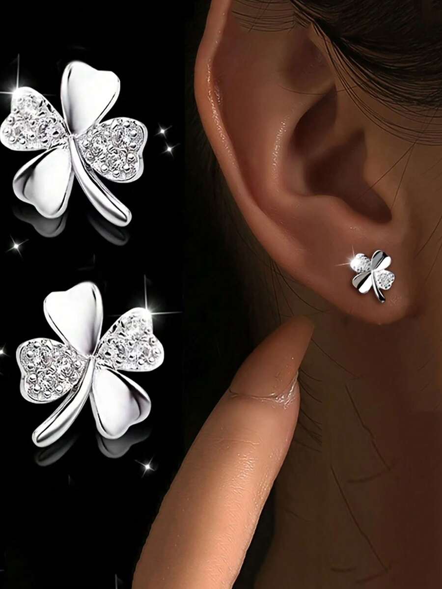 1 Cặp bông tai cỏ bốn lá cổ điển thanh lịch bằng bạc Sterling S925, được trang trí bằng đá Zirconia tổng hợp, ít gây dị ứng, phù hợp với phụ nữ, đeo hàng ngày, lễ hội âm nhạc, kỳ nghỉ, ngày lễ tình nhân - cỏ bốn lá - Xem 1