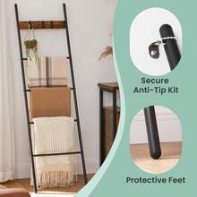 Blanket Ladder, 5-Tier Ladder Shelf, Decorative Ladder With 4 Removable Hooks, Metal Frame, Industrial Style, Rustic Brown And Black - Brown - View 4