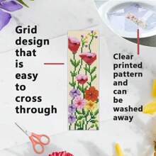 6pcs Floral Cross-Stitch Bookmark DIY Handicraft Kit - Includes Cross-Stitch Designs Of Lavender, Daisy And Other Flowers, With Printed Cross-Stitch Fabrics, Threads, Tools (Random Colors) And Instructions - Suitable For Crafters And Beginners, Can Be Used As Book Marks And Home Decor
