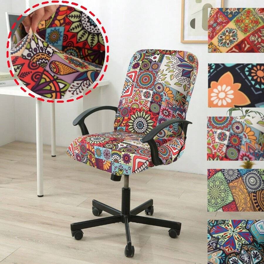 1/4/6 piezas Funda elástica estampada para silla de oficina, funda universal para silla giratoria de ordenador, funda de silla con estilo bohemio, desmontable y lavable, a prueba de polvo, adecuada para decoración del hogar y la oficina - Rosa Roja - Ver 1