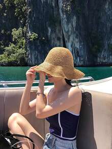 1 pieza Sombrero de paja liso hecho a mano, gorra casual ajustable con protección UV para exteriores apta para primavera, otoño, viajes, vacaciones en la playa, estilo juvenil Y2K