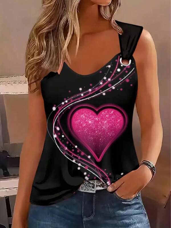 Top sans manches à col en V avec motif en 3D en forme de cœur pour femmes, lavable en machine, convenant aux activités d'extérieur d'été et à une utilisation décontractée, chemise d'été décontractée avec imprimé cœur