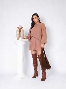 Women's Knit Set Short Asymmetrical Skirt And Puff Sleeve Blouse Foreign Blogger Fashion Autumn Winter - 查看 3