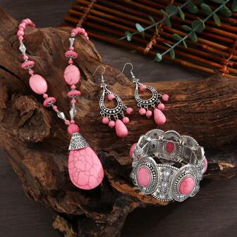 1Set Bohemian Chic Pink Turquoise Jewelry Set - Exquisite Necklace, Earrings & Bracelet Ensemble - Statement Pieces For Women