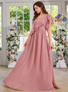 Abito da cocktail, cerimonia, serata formale, invitato a matrimonio, in chiffon minimalista, sexy, spalla asimmetrica
