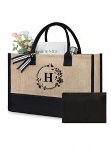 1/2 pezzi Borsa shopping tela con stampa lettere iniziali dalla A alla Z, con borsa portaoggetti cosmetici inclusa, borsa personalizzata, grande capacità, adatto per matrimoni, compleanni, spiaggia, vacanze, scuola, ottimo regalo per donne, mamme, insegnanti, amiche, damigelle d'onore, studenti, borsa grande. Borsa casual capiente e portatile, adatta per lo shopping multifunzionale