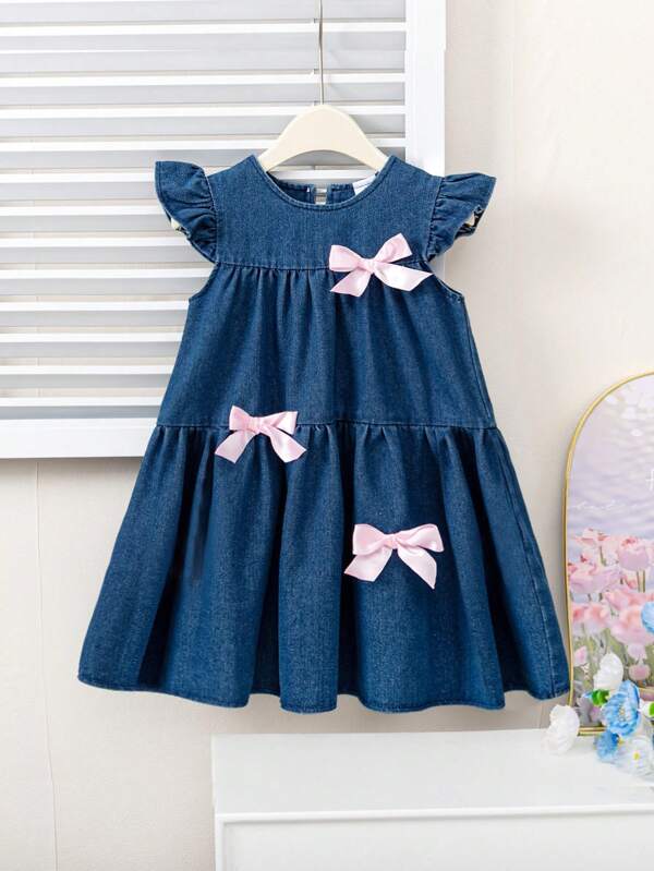 Sommerlich lässiger, modischer Mädchen Denim Rock, Denim Kleid mit Patchwork und Schleifen Dekor, geeignet für den täglichen Lässig Stil von Mädchen