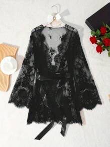 Plus Size Sexy Red Valentine's Day Lace Lingerie Women's Nightgown, Semi-Transparent Lace-Up Elegant Long Sleeve Nightgown