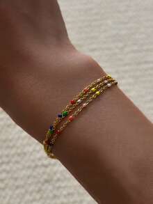 1 件几何三层 O 形环彩色串珠不锈钢手链，时尚优雅，适合女性，适合派对和日常服装配饰 - 彩色 - 查看 3