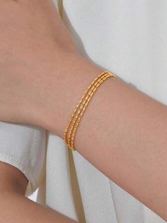 1pc Minimalist Multilayer Olive Bead & Round Snake Chain Stainless Steel 18K Gold Bracelet For Women, Summer Jewelry