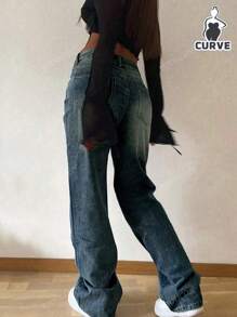 Jeans dritti a vita elastica, modello semplice e vintage, per donna