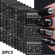 30PCS/10pcs Random Press Nail With Adhesive Back Self-Adhesive 3D Floral Nail Polish Decal - Self-Adhesive, Coloured DIY Nail Polish Decal With Glitter Effect Nail Art For Women And Girls, Nail Nail Art Supplies, Nail Nail Decoration | Floral Nail Design | Self-Adhesive Paper, Nail Nail Decal