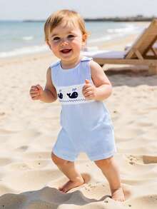 Baby Boy Smocked Outfit Striped Overalls Romper Whale/Watermelon Truck Sleeveless Bodysuit Jumpsuit Shorts Newborn Cute Summer Clothes - 藍色 - 查看 1