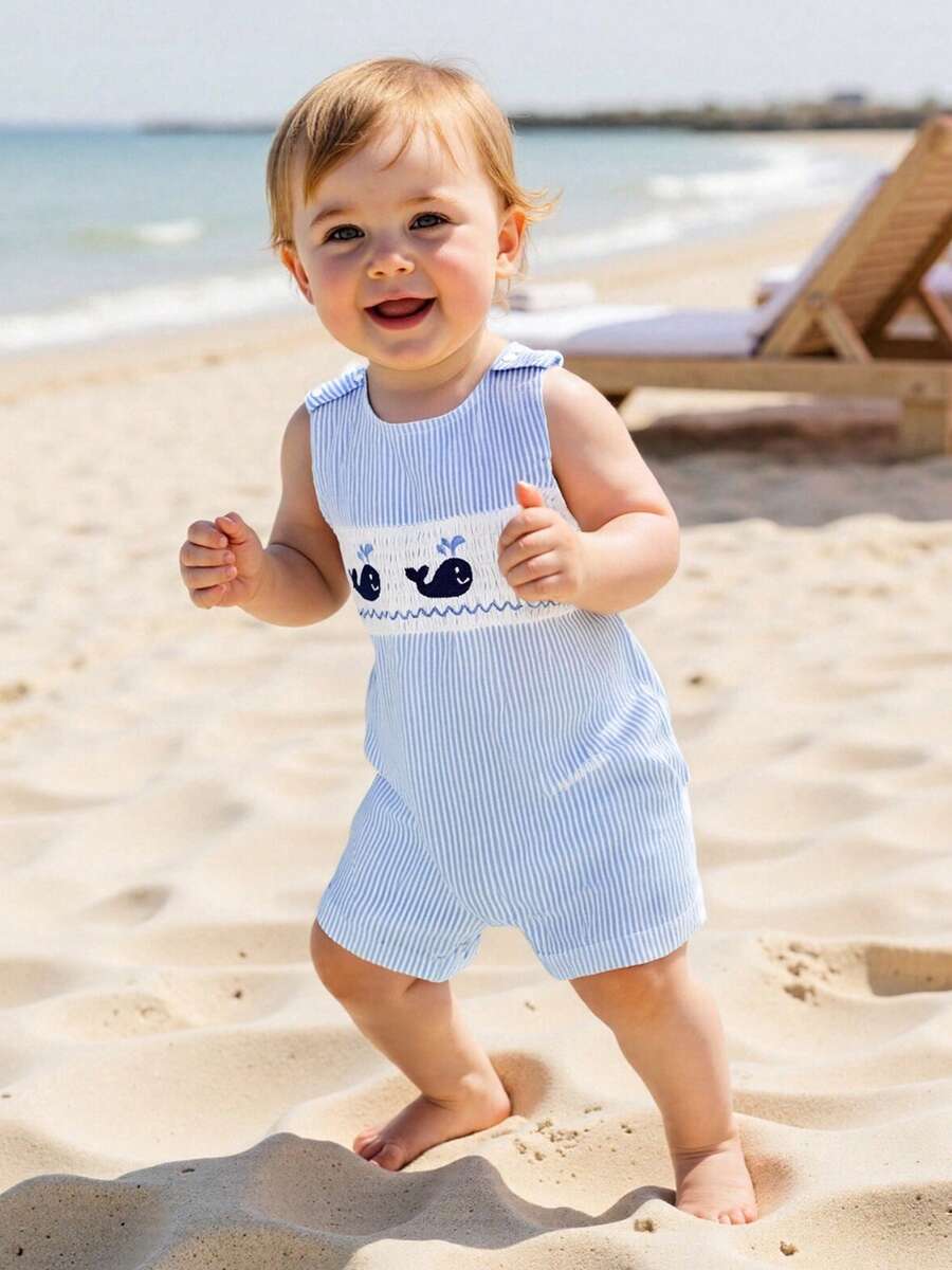 Baby Boy Smocked Outfit Striped Overalls Romper Whale/Watermelon Truck Sleeveless Bodysuit Jumpsuit Shorts Newborn Cute Summer Clothes - 藍色 - 查看 1