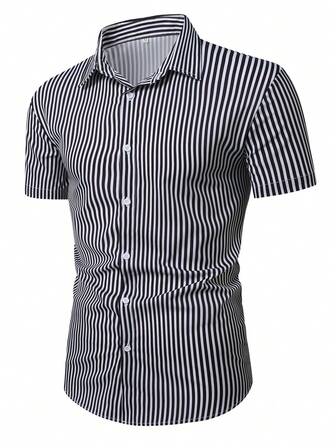 Moderiktig sommar enkel mångsidig randig kortärmad skjorta för män