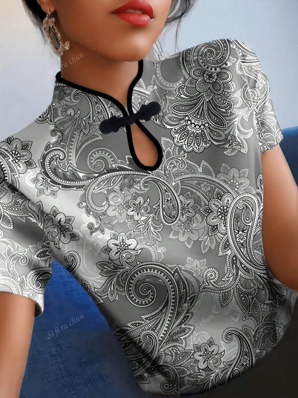Vintage Cheongsam Style Ditsy Floral Blouse, Slim Waist Thin Short Sleeve Top For Women, Spring/Summer