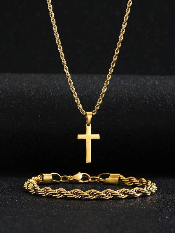1set Kids Popular Hip Hop Stainless Steel Cross Pendant Rope Chain Necklace & Bracelet For Boys Girls Fashion Street Jewelry For Children Birthday Gift