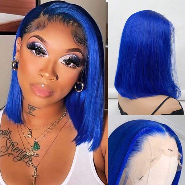 Blue Bob Wigs Human Hair 13x4 Lace Frontal Wig Human Hair Pre Plucked Glueless Wig Bob Lace Front Wigs 150% Density Straight Short Blue Bob Wigs For Women