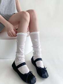1 par de calcetines/medias altos de punto y encaje con diseño de lazo, cordones cruzados y costillas, ideal para primavera/otoño
