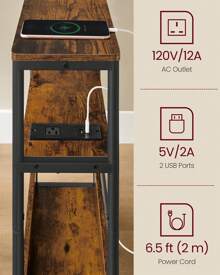 Side Table With Charging Station, Narrow End Table, 3-Tier Nightstand, Sofa Table For Small Spaces, Magazine Rack, For Living Room, Bedroom, Study, Rustic Brown, Ink Black, ULET335K01