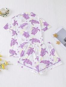 HOREA 2pcs/Set Cute Marine Style Sea Turtle Print Women Pajamas Set, Short Sleeve Lapel Cardigan Top And Loose Elastic Shorts, Casual All Season Sleepwear & Loungewear - Purple - View 2