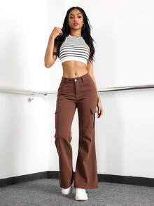 Pantalones jeans de campana de cintura alta, con estilo militar, son una pieza versátil y trendy perfecta para el día a día, eventos informales, viajes y festivales - Café integral - Ver 4