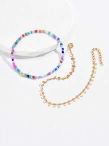 Set de 2 tobillleras ligeras de lujo con bloques de color, cuentas y lentejuelas redondas multicolor para niñas, de moda y versátil para vacaciones de verano en la playa