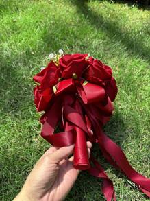1PC Wedding Bride Bridesmaid Holding Flower Bow Ribbon, Green Leaf Rose Bouquet, Romantic Wedding Bride Bridesmaid Holding Photo Bouquet, Outdoor Wedding Bride Proposing And Confessing Props, Luxurious Adult Ceremony, Wedding Ball Applicable