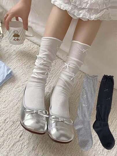 1 双时尚针织面料蕾丝拼接过膝袜，带蝴蝶结丝带，春秋款蕾丝拼接腿套，蕾丝拼接中筒袜，条纹透气网眼大腿袜，Y2k