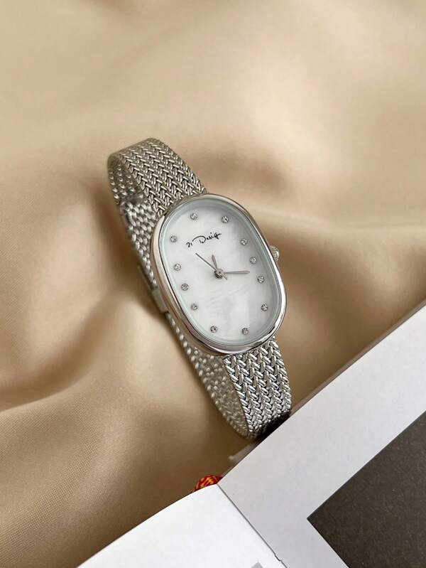 21design Oval Silver Case Mother Of Pearl Dial Woven Strap Waterproof Quartz Watch